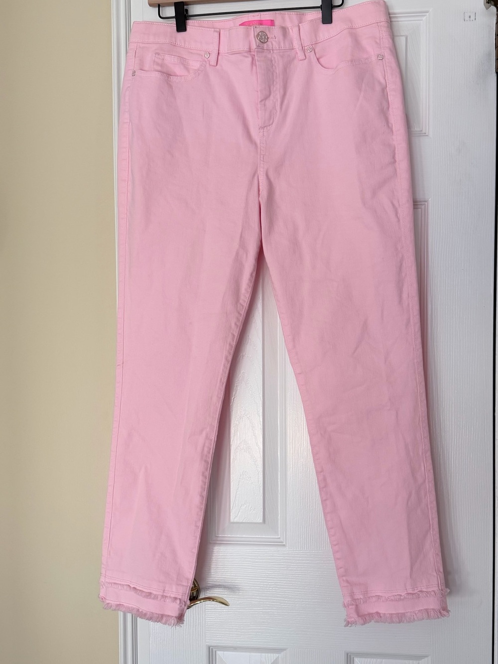Lilly Pulitzer South Ocean High-Rise Skinny Jeans Pink Fringe Hem Jeans